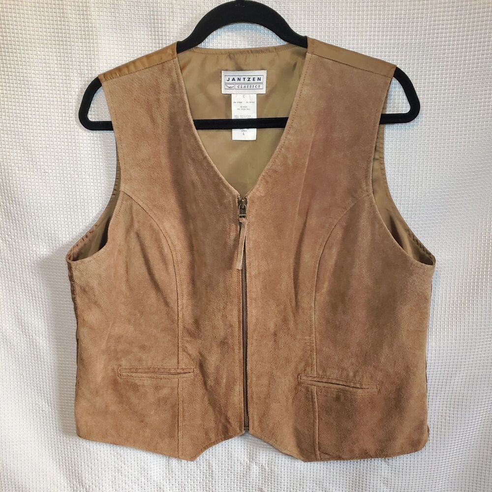 Vtg Jantzen Womens Sz L Leather Suede Full Zip Vest Brown Western Biker Rodeo
